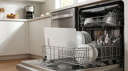 Dishwasher with dishes inside in a kitchen setting