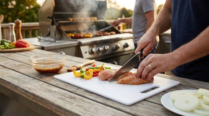 Person cutting chicken on a cutting board with a grill in the background