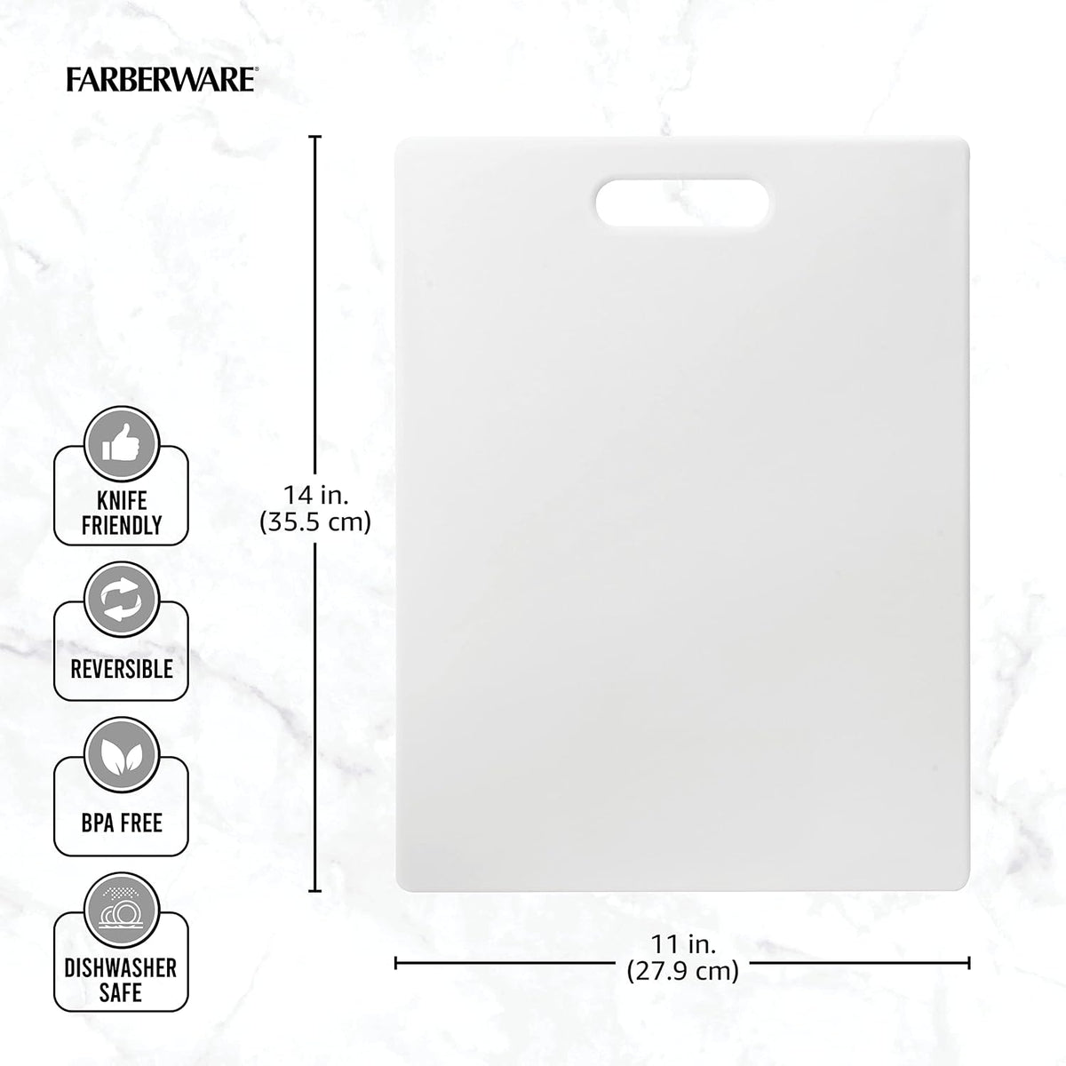 White Farberware cutting board shown on a light marble background with dimension lines indicating 14 in. height and 11 in.