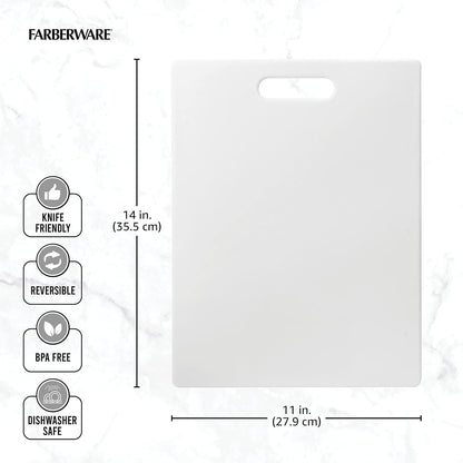 White Farberware cutting board shown on a light marble background with dimension lines indicating 14 in. height and 11 in.
