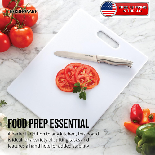 Farberware white cutting board with a serrated stainless steel knife, shown on a white marble surface with sliced tomatoes and vegetables. Text reads 'FOOD PREP ESSENTIAL' and includes a 'FREE SHIPPING IN THE U.
