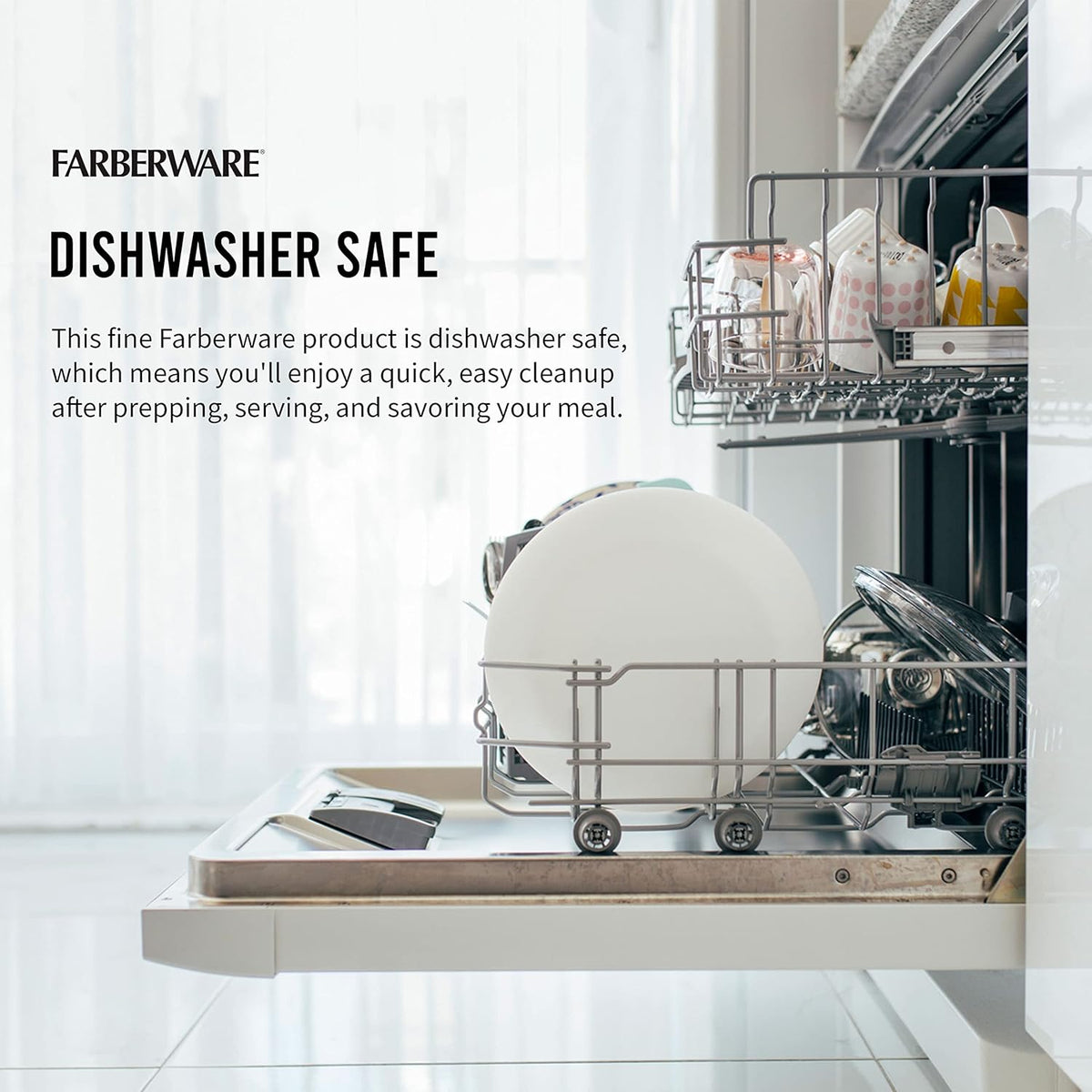 Dishwasher with Farberware products inside, text about dishwasher safety.