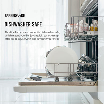 Dishwasher with Farberware products inside, text about dishwasher safety.