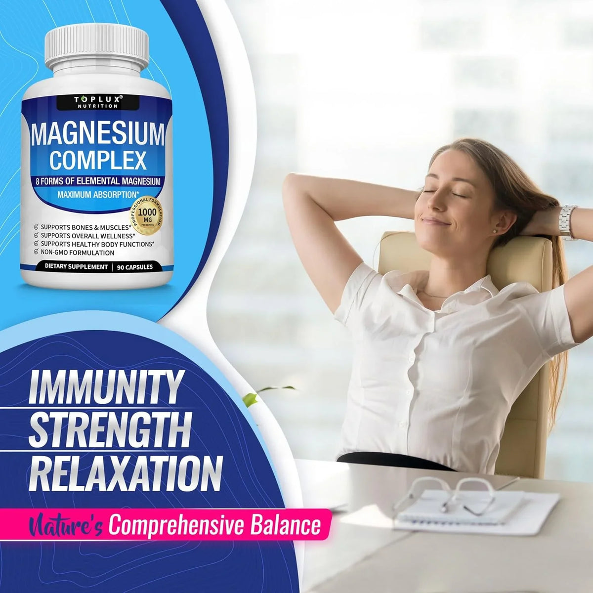 Magnesium Complex 1000mg – 90 Capsules | 8 Forms with Glycinate, Citrate, Malate & Taurate