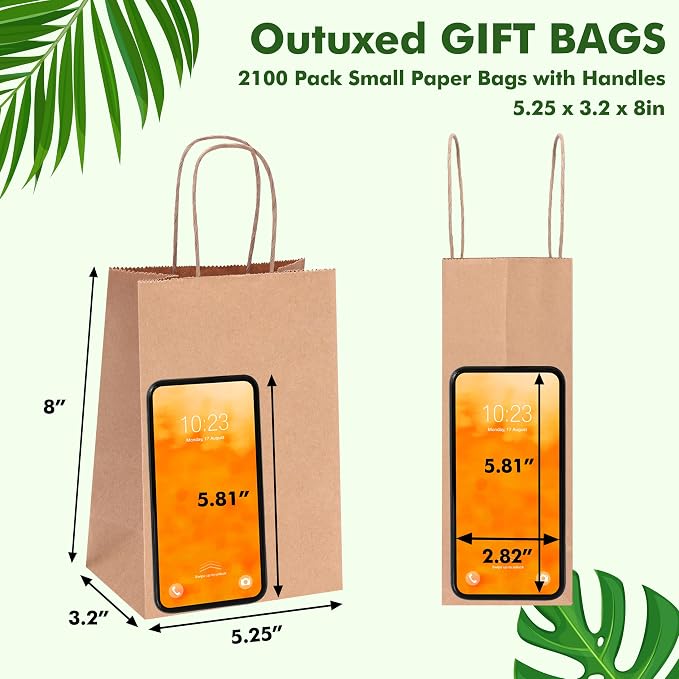OUTUXED 2100pcs Small Gift Bags, Brown Paper Bags with Handles