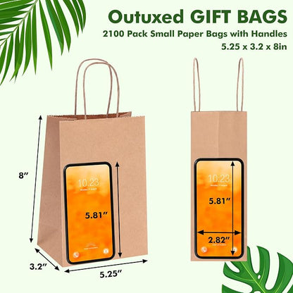 OUTUXED 2100pcs Small Gift Bags, Brown Paper Bags with Handles