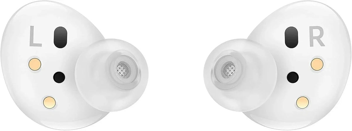 A pair of white wireless earbuds with transparent silicone tips, featuring gold and black sensor accents and L/R markings on a plain white background.