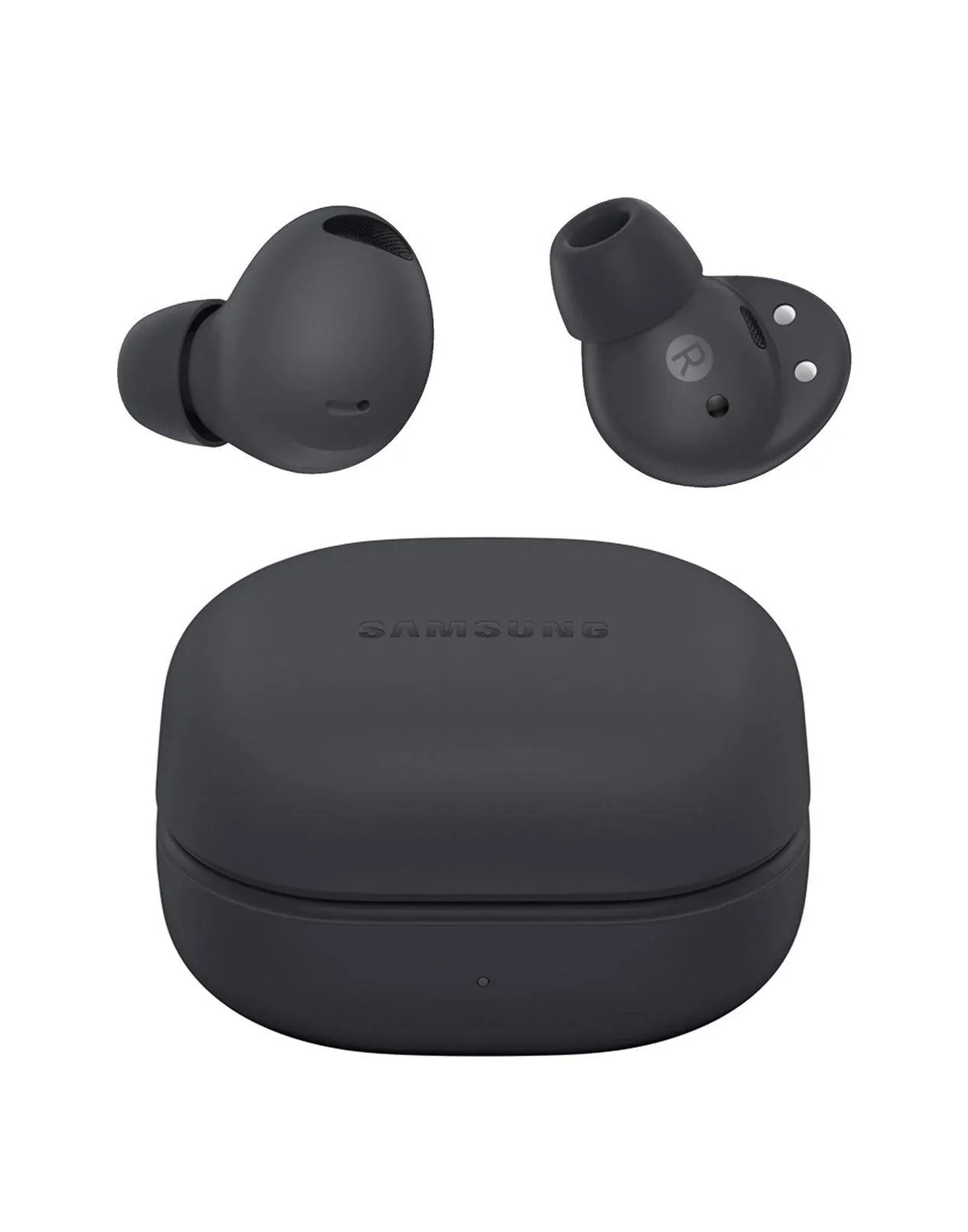 Samsung Galaxy Buds wireless earbuds in matte black, shown with the charging case on a clean white background. One earbud is displayed from the side, and the other is shown from the back, with the charging case positioned below.