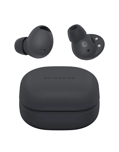 Samsung Galaxy Buds wireless earbuds in matte black, shown with the charging case on a clean white background. One earbud is displayed from the side, and the other is shown from the back, with the charging case positioned below.