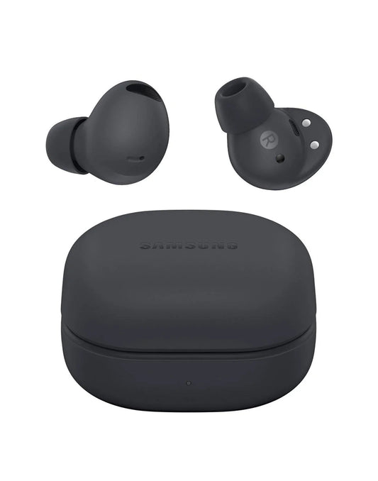 Samsung Galaxy Buds wireless earbuds in matte black, shown with the charging case on a clean white background. One earbud is displayed from the side, and the other is shown from the back, with the charging case positioned below.