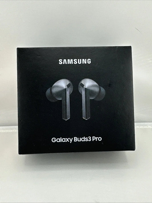Samsung Galaxy Buds3 Pro wireless earbuds retail box in black, featuring a printed graphic of the silver and black earbuds on the front, with the SAMSUNG brand name and model name visible.
