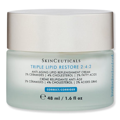 SkinCeuticals Triple Lipid Restore 2:4:2 cream jar, 48 ml, featuring a frosted light green glass container and a white lid, on a white background.