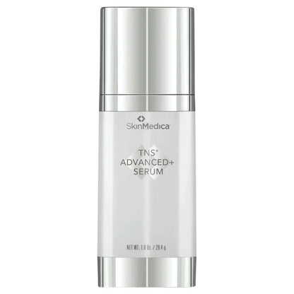 SkinMedica TNS Advanced+ Serum in a sleek, silver cylindrical bottle with a metallic cap, set against a plain white background.