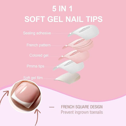 Toe Nail Press Ons, French Tips Toe Press On Nails, 150pcs Square Pre-Designed Soft Gel Thick False Toenail Extension, Berry Pink Full Cover Acrylic for DIY 15 Sizes