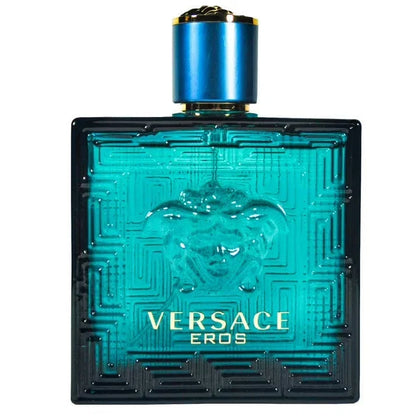 Versace Eros perfume bottle with blue cap on a white background